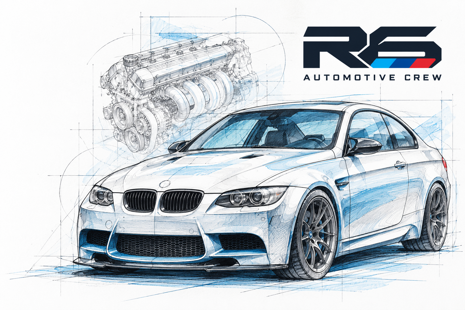 Technická art ilustrace BMW s logem R6 Automotive Crew
